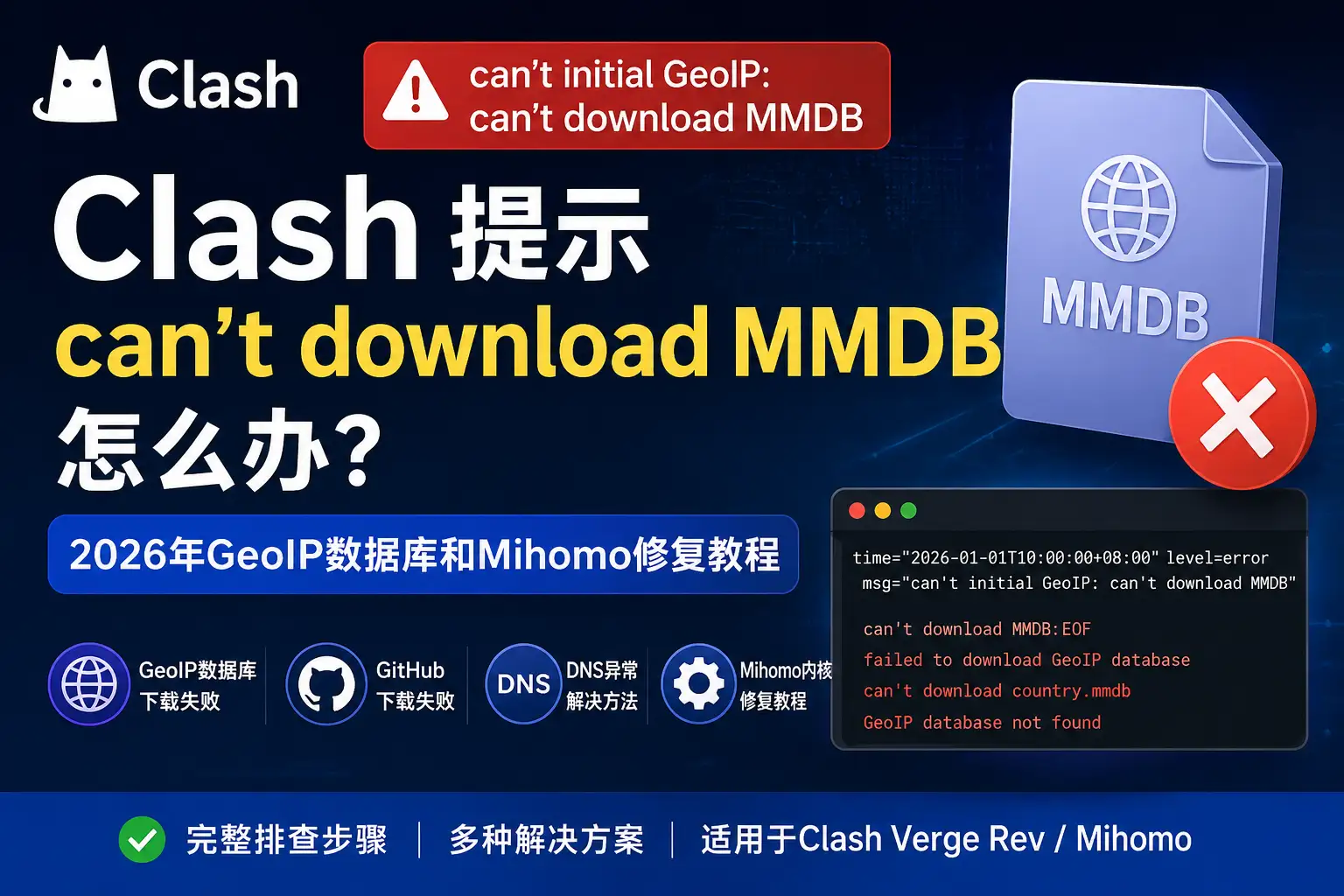 Clash提示 can’t initial GeoIP: can’t download MMDB 怎么办？2026年GeoIP数据库、GitHub下载失败和Mihomo修复教程