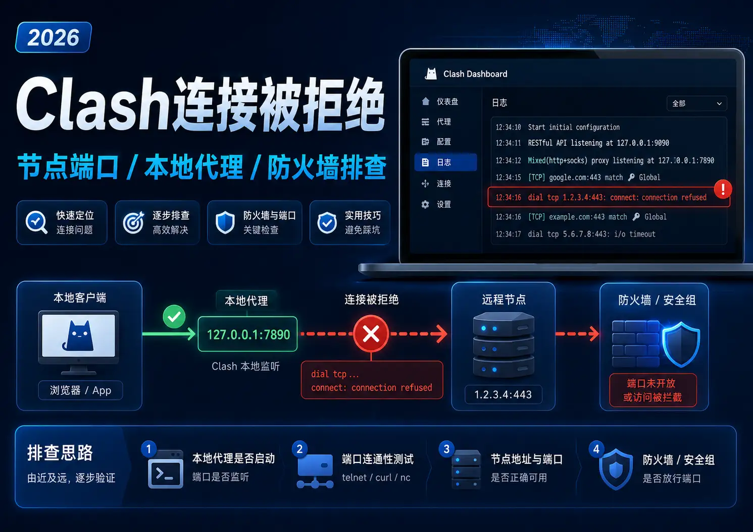 Clash日志提示 dial tcp… connect: connection refused 怎么办？2026年节点端口、服务器拒绝连接和防火墙排查