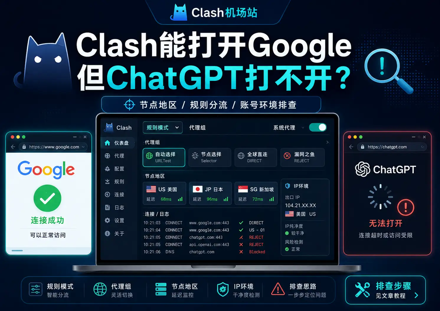 Clash 能打开 Google 但 ChatGPT 打不开怎么办？2026 年节点地区、规则分流和账号环境排查教程