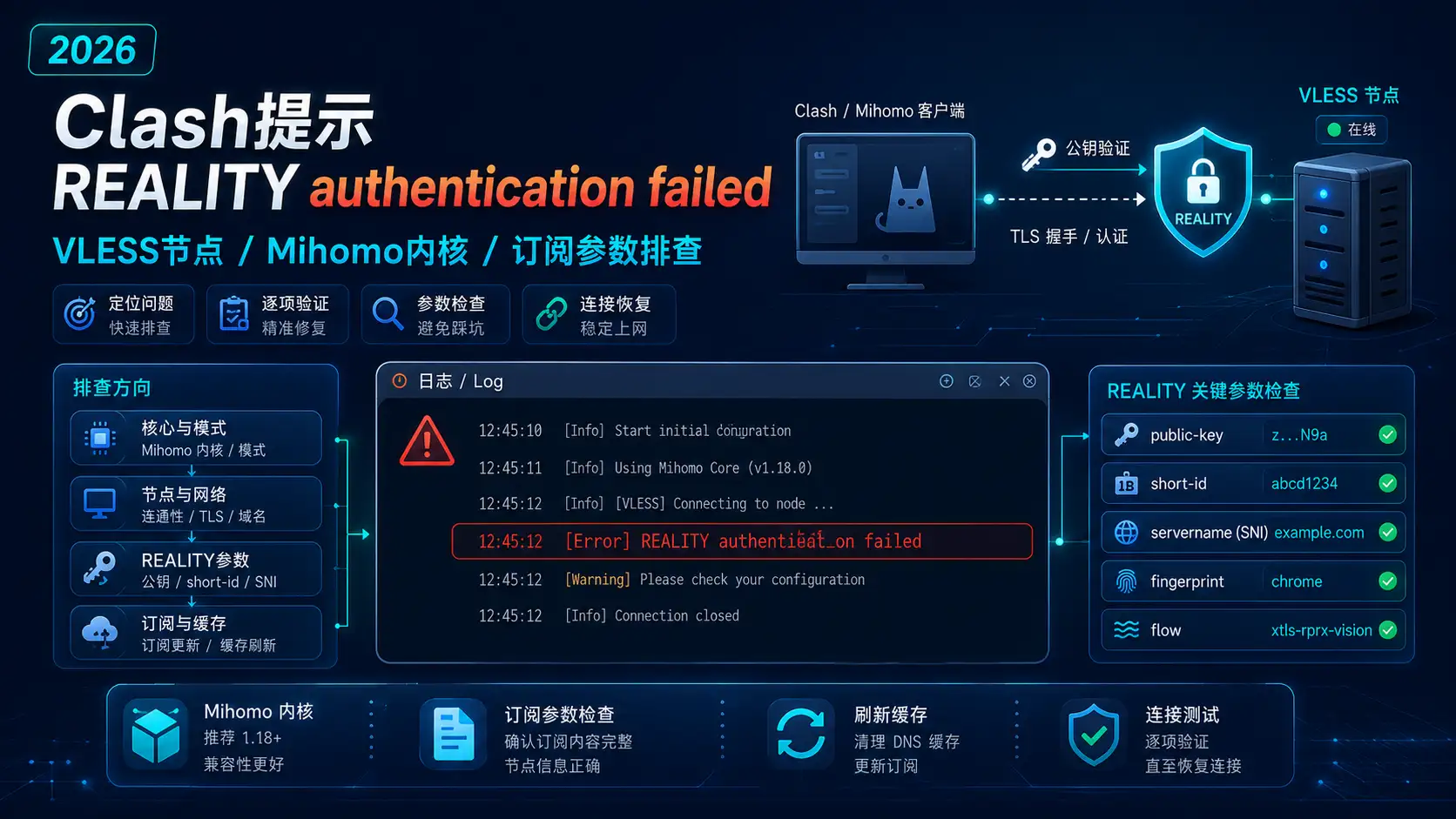 Clash提示 REALITY authentication failed 怎么办？2026年VLESS节点、Mihomo内核和订阅参数排查