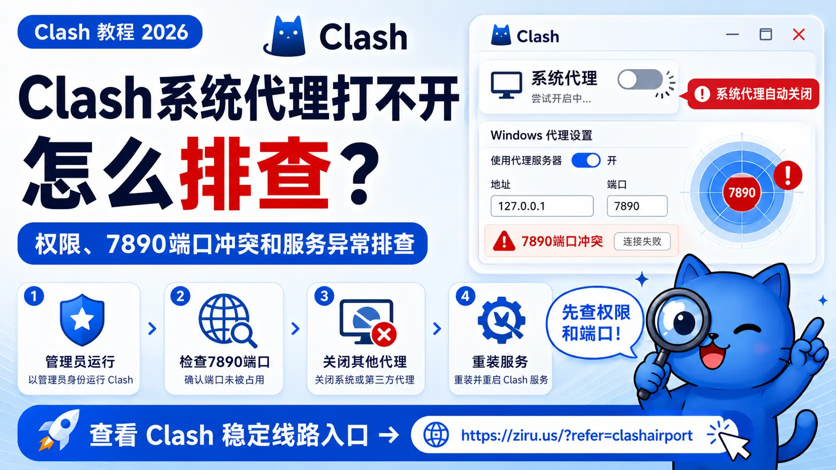 Clash系统代理打不开或开启后自动关闭怎么办？2026年权限、端口冲突和服务异常排查