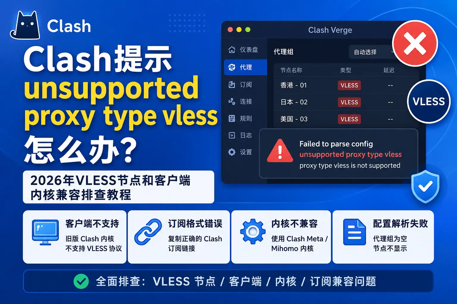 Clash提示unsupported proxy type vless怎么办？2026年VLESS节点、客户端内核和订阅兼容排查