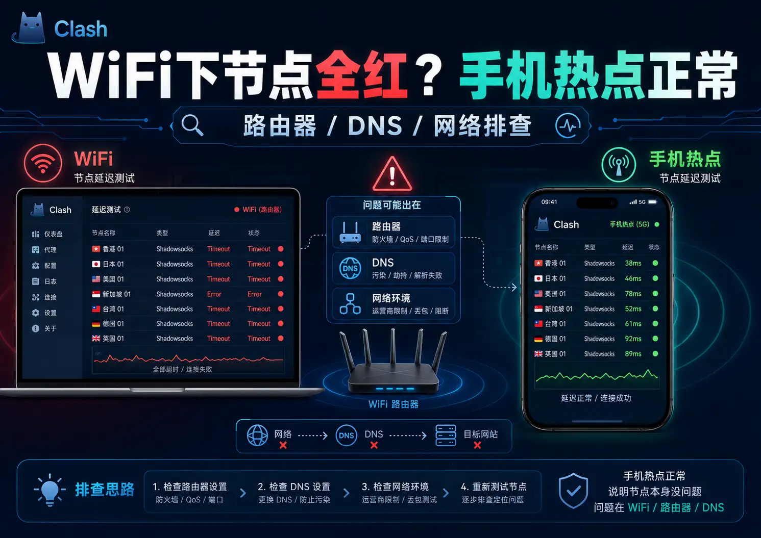 Clash在 WiFi 下节点全红但手机热点正常怎么办？2026年路由器、DNS和运营商网络排查教程