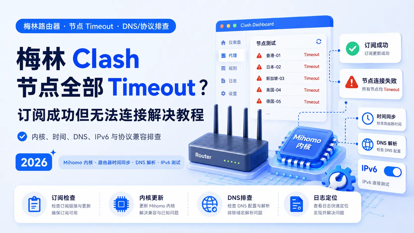 Clash在梅林路由器上订阅成功但节点全部Timeout怎么办？2026年内核、DNS和协议排查