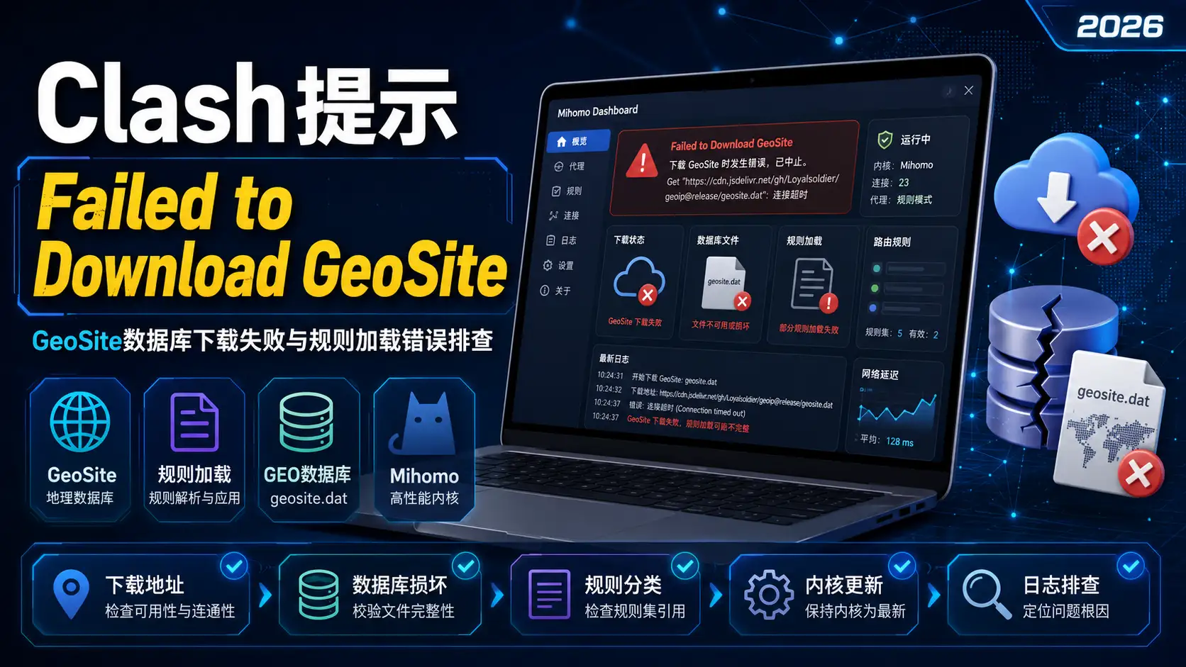 Clash提示 Failed to Download GeoSite 怎么办？2026年GeoSite数据库下载失败与规则加载错误排查