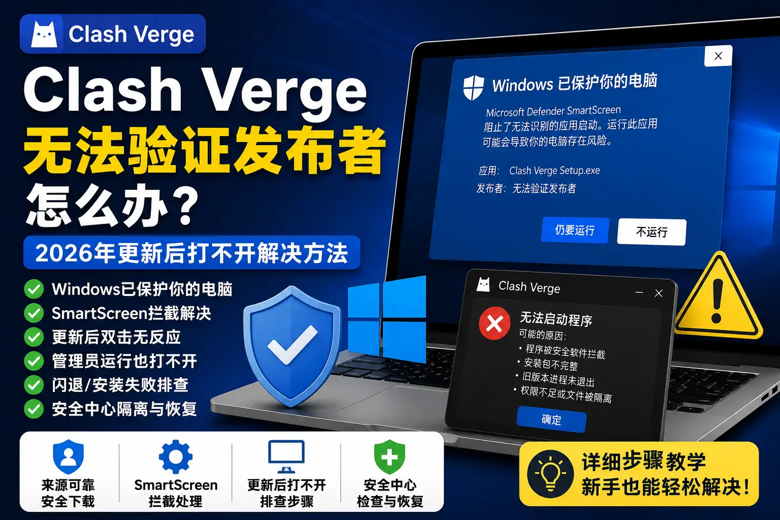Clash Verge更新后提示“无法验证发布者”怎么办？2026年Windows拦截、程序签名和启动失败排查