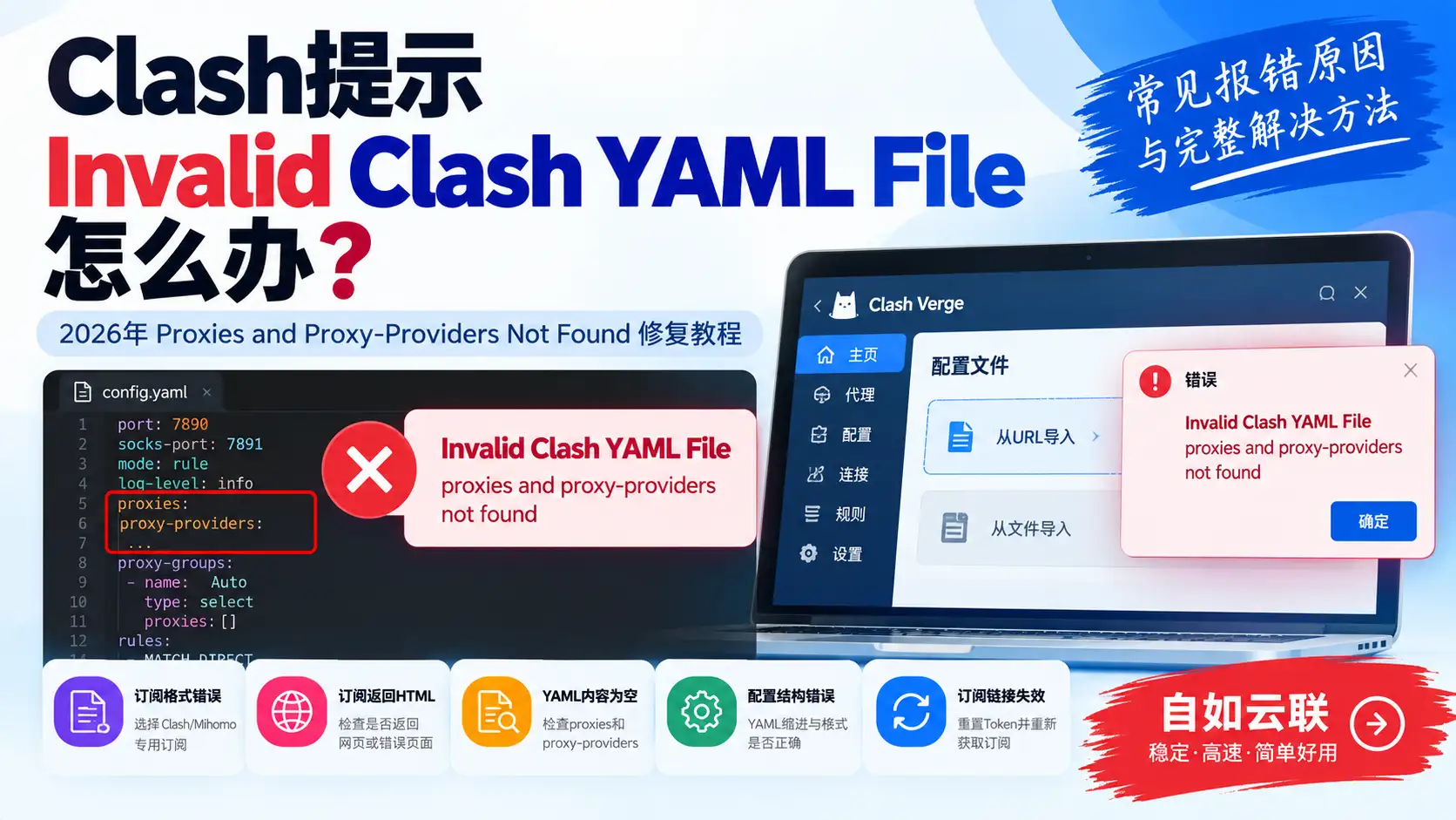 Clash提示 Invalid Clash YAML File怎么办？2026年 Proxies and Proxy-Providers Not Found修复教程